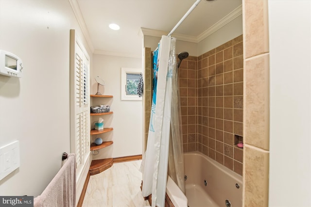 bathroom with crown molding and shower / bathtub combination with curtain