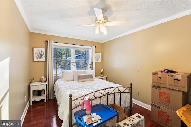 bedroom featuring ceiling fan, dark hardwood / wood-style flooring, crown molding, and a textured ceiling