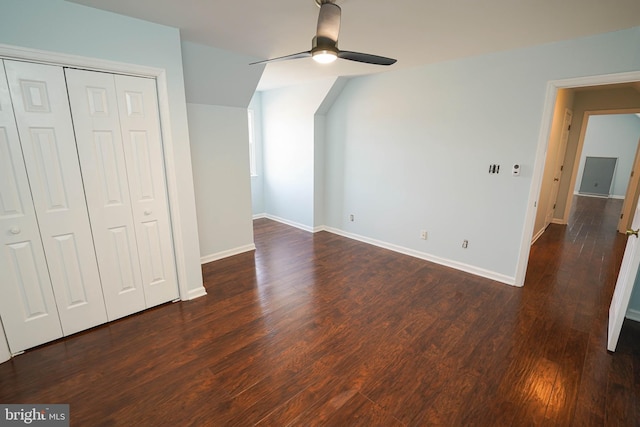 additional living space featuring ceiling fan and dark hardwood / wood-style floors