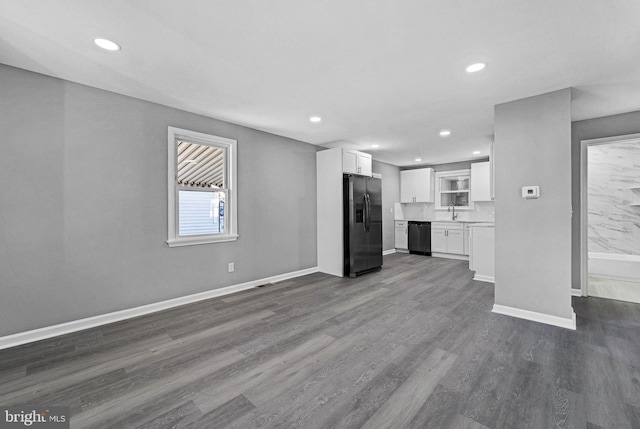 unfurnished living room featuring sink and dark wood-type flooring