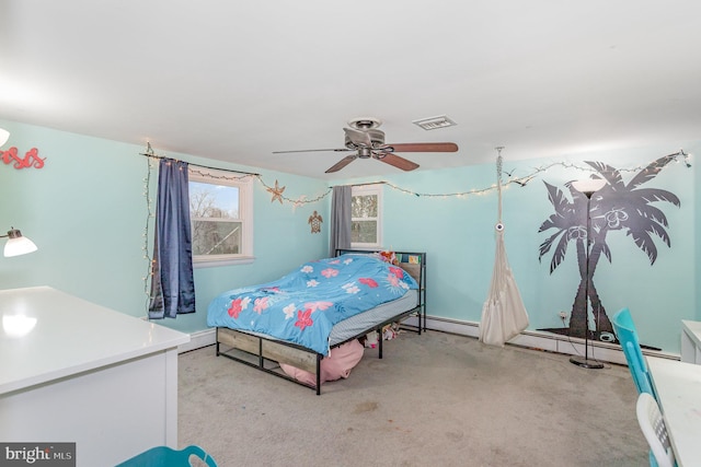 bedroom with light colored carpet, a baseboard radiator, and ceiling fan