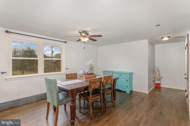 dining area with dark hardwood / wood-style floors, ceiling fan, and a baseboard heating unit