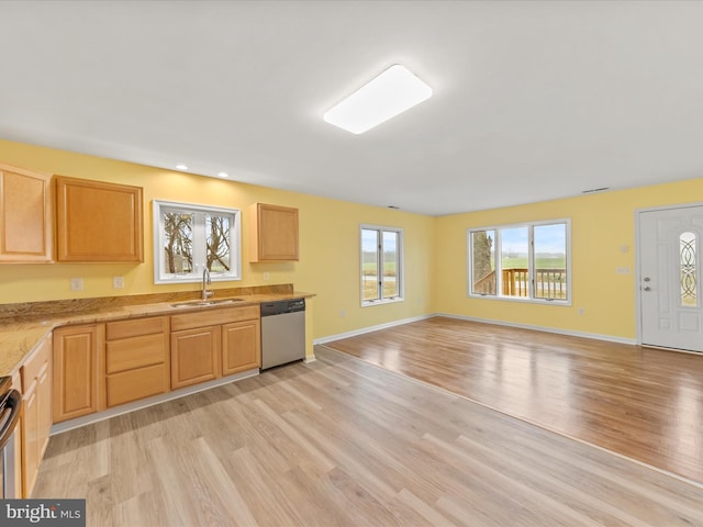 kitchen featuring light wood-type flooring, sink, light brown cabinetry, and stainless steel appliances