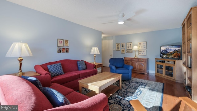 living room with ceiling fan and wood-type flooring