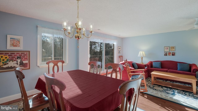 dining space with ceiling fan with notable chandelier, a textured ceiling, and light wood-type flooring