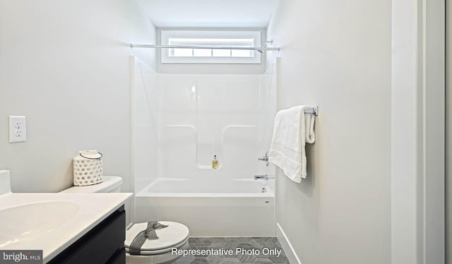 full bathroom featuring vanity, tub / shower combination, and toilet