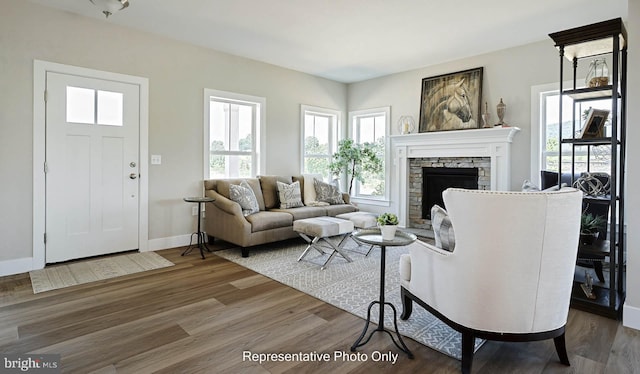 living room with hardwood / wood-style floors, a stone fireplace, and a wealth of natural light