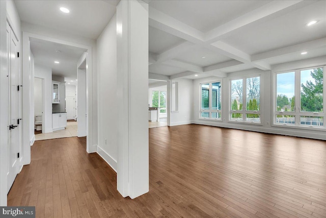 interior space with beam ceiling, dark hardwood / wood-style floors, and coffered ceiling