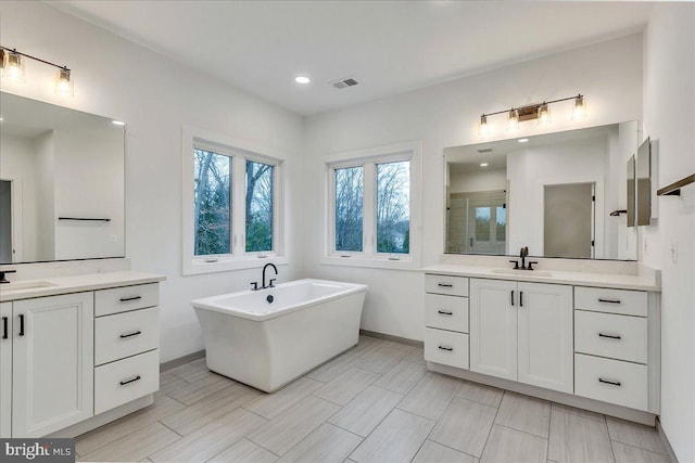 bathroom featuring vanity and independent shower and bath