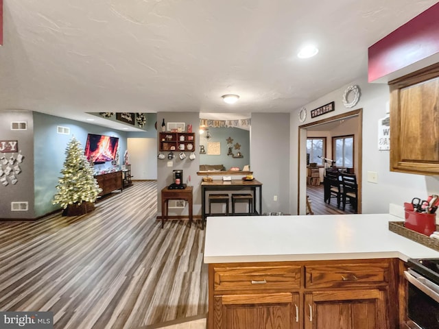 kitchen featuring stainless steel stove and light hardwood / wood-style flooring