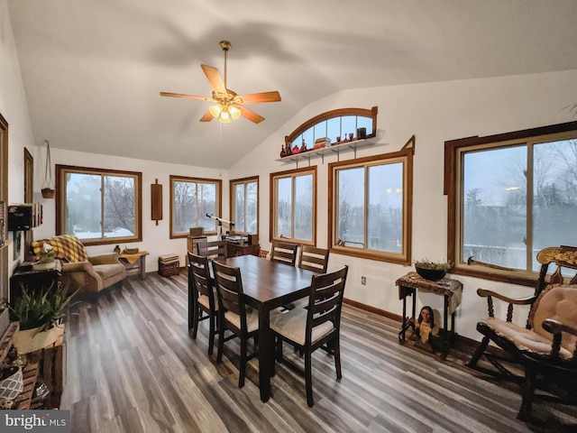 dining area featuring ceiling fan, dark hardwood / wood-style flooring, and vaulted ceiling