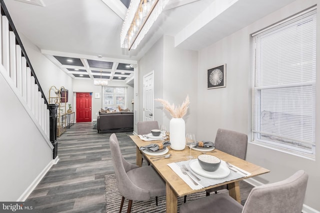 dining space featuring beam ceiling, a chandelier, dark wood-type flooring, and coffered ceiling