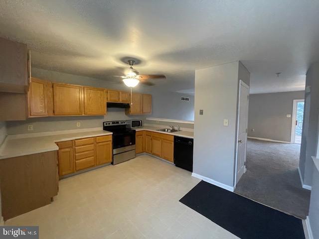 kitchen with sink, ceiling fan, and appliances with stainless steel finishes