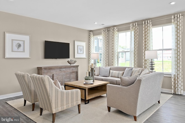 living room featuring plenty of natural light and light hardwood / wood-style flooring