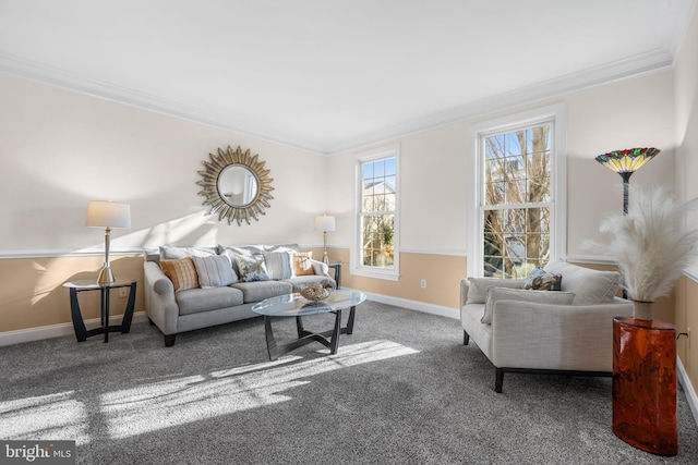 carpeted living room featuring ornamental molding