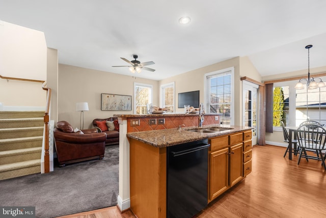 kitchen with dishwasher, pendant lighting, light hardwood / wood-style floors, and sink