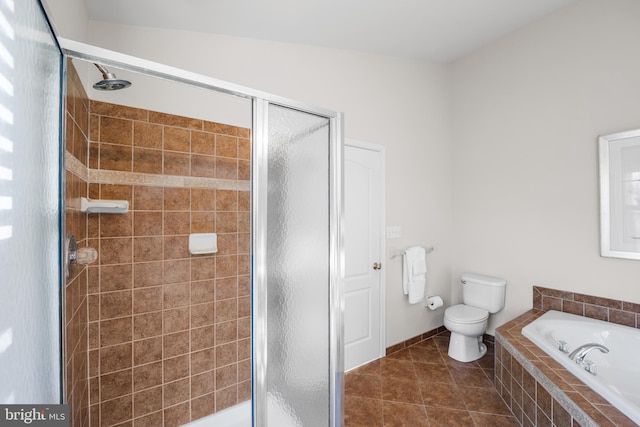 bathroom featuring tile patterned flooring, lofted ceiling, toilet, and plus walk in shower