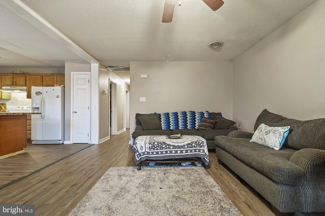 living room with hardwood / wood-style flooring, ceiling fan, and a textured ceiling