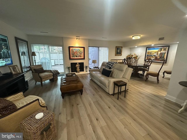 living room featuring a fireplace and light hardwood / wood-style flooring