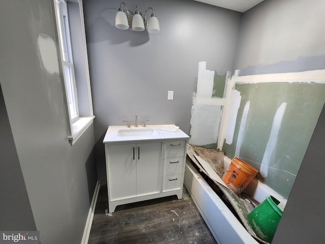 bathroom with vanity and wood-type flooring