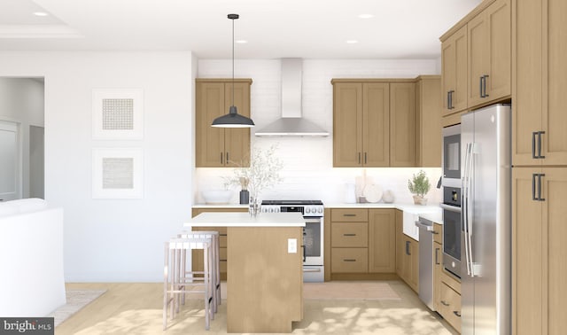 kitchen featuring stainless steel appliances, wall chimney range hood, pendant lighting, a kitchen bar, and a kitchen island