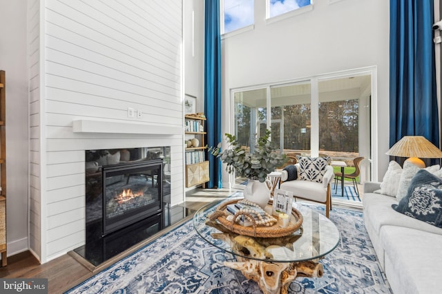 living room with hardwood / wood-style floors, a towering ceiling, and a wealth of natural light