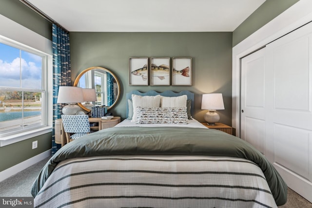 carpeted bedroom with multiple windows and a closet