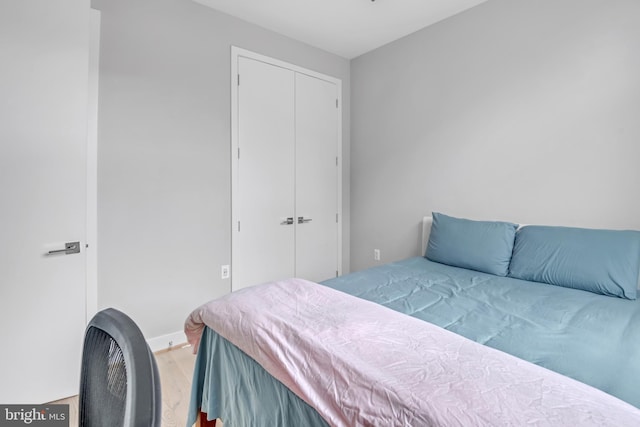 bedroom featuring wood-type flooring and a closet