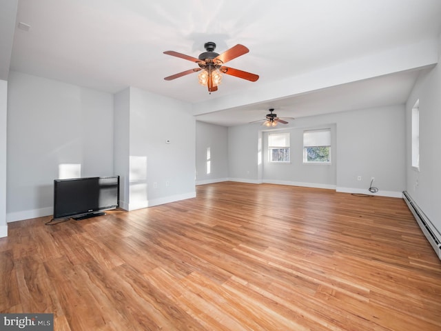 unfurnished living room with ceiling fan, baseboard heating, and light hardwood / wood-style flooring