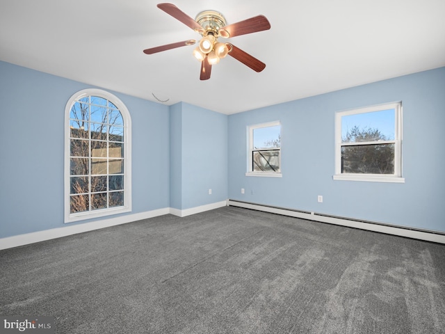 carpeted empty room with baseboard heating and ceiling fan