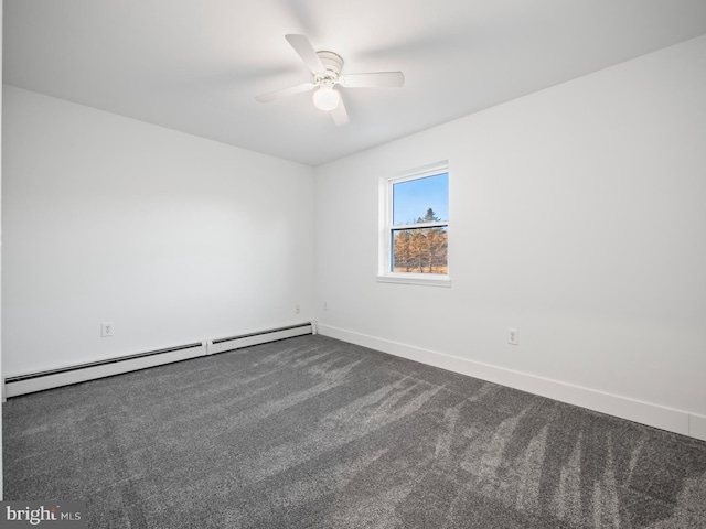 spare room featuring ceiling fan, a baseboard radiator, and dark carpet