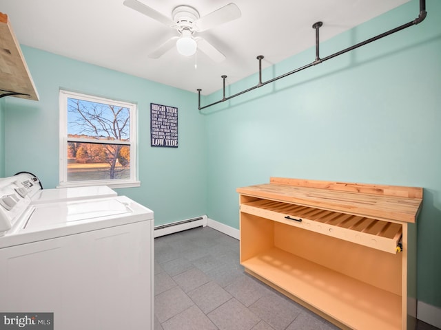 washroom with ceiling fan, washing machine and clothes dryer, and a baseboard radiator