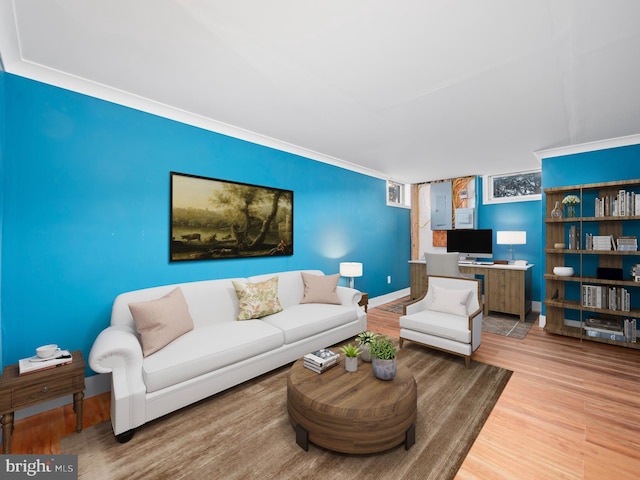 living room with wood-type flooring and ornamental molding