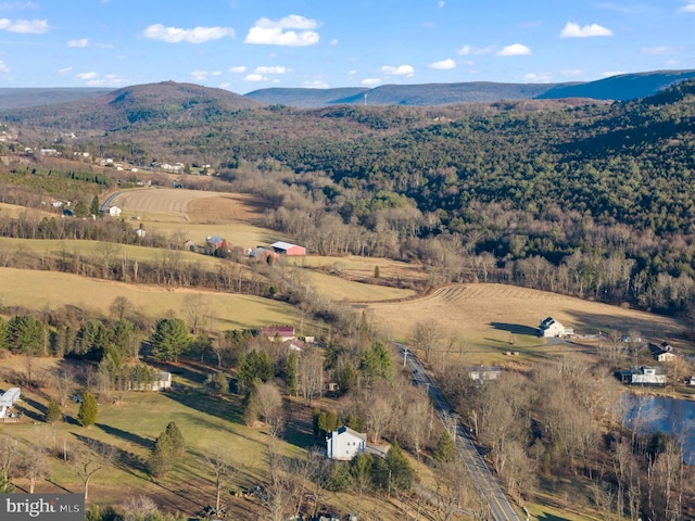 bird's eye view featuring a mountain view and a rural view