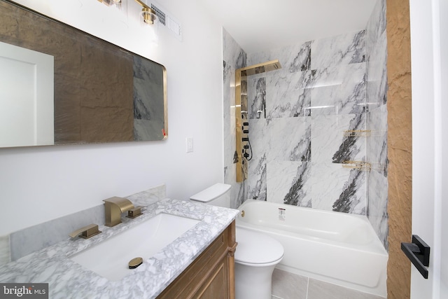 full bathroom with vanity, toilet, and tiled shower / bath combo