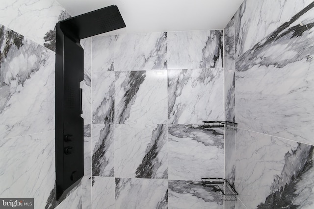 interior details featuring a tile shower