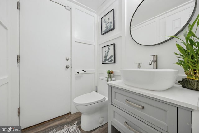 bathroom with wood-type flooring, vanity, and toilet