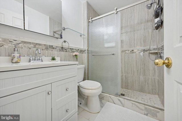 bathroom with tile patterned flooring, toilet, tile walls, and an enclosed shower