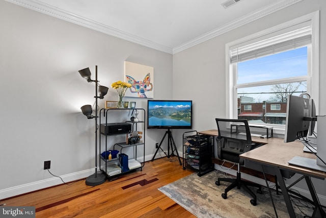 office space featuring crown molding and wood-type flooring