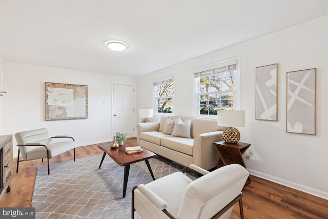 living room with baseboards, wood finished floors, and ornamental molding