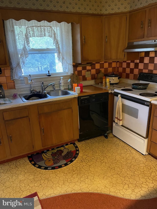 kitchen with white range with electric stovetop, tasteful backsplash, dishwasher, and sink