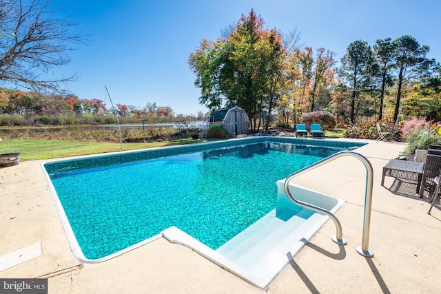 view of pool with a patio area and a shed