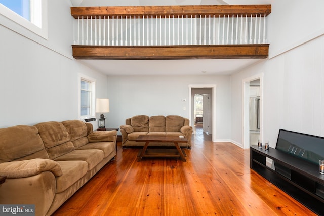 living room featuring beam ceiling, plenty of natural light, and hardwood / wood-style flooring