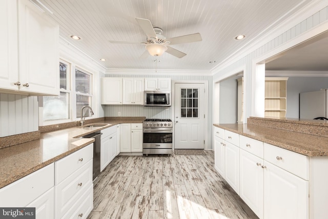 kitchen with wooden ceiling, sink, light hardwood / wood-style flooring, appliances with stainless steel finishes, and white cabinetry