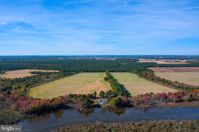 drone / aerial view with a rural view and a water view