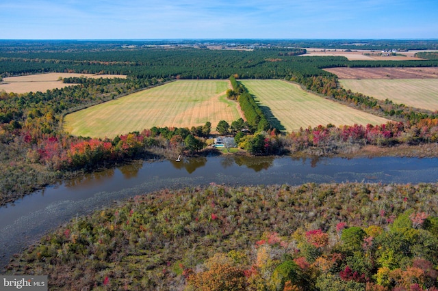 bird's eye view with a rural view and a water view