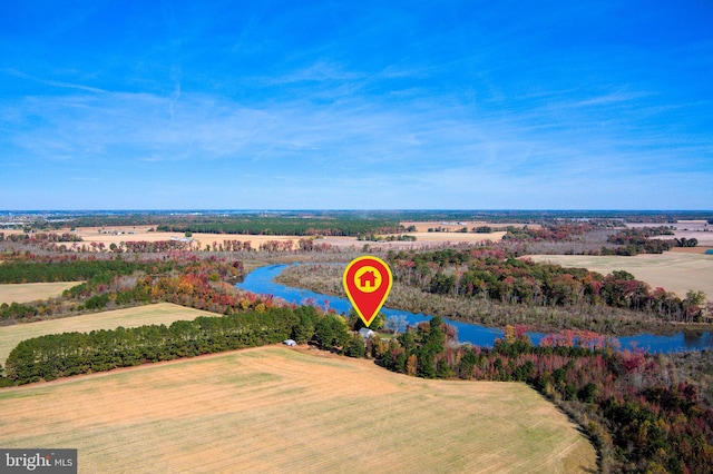 bird's eye view with a rural view and a water view