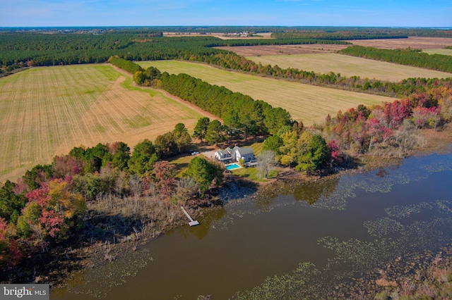 drone / aerial view featuring a rural view and a water view