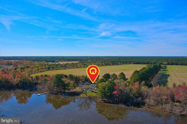 bird's eye view with a water view and a rural view