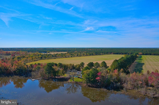 drone / aerial view featuring a rural view and a water view